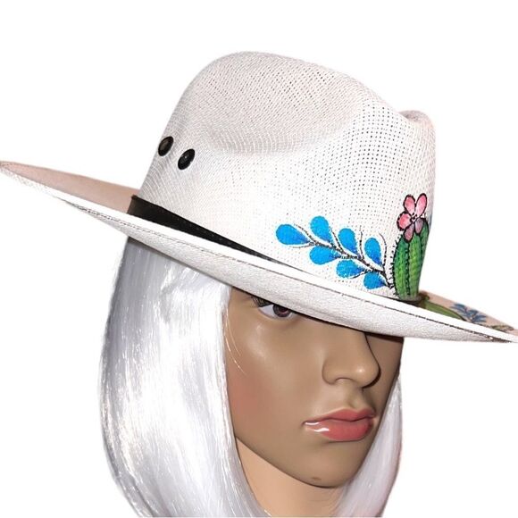 Royal road trading company white straw hand painted fedora! New main image 5